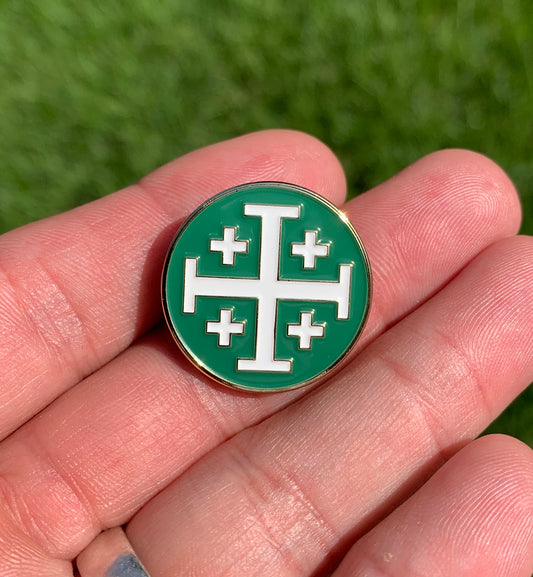 Jerusalem Cross Green/White Lapel Pin - 1"