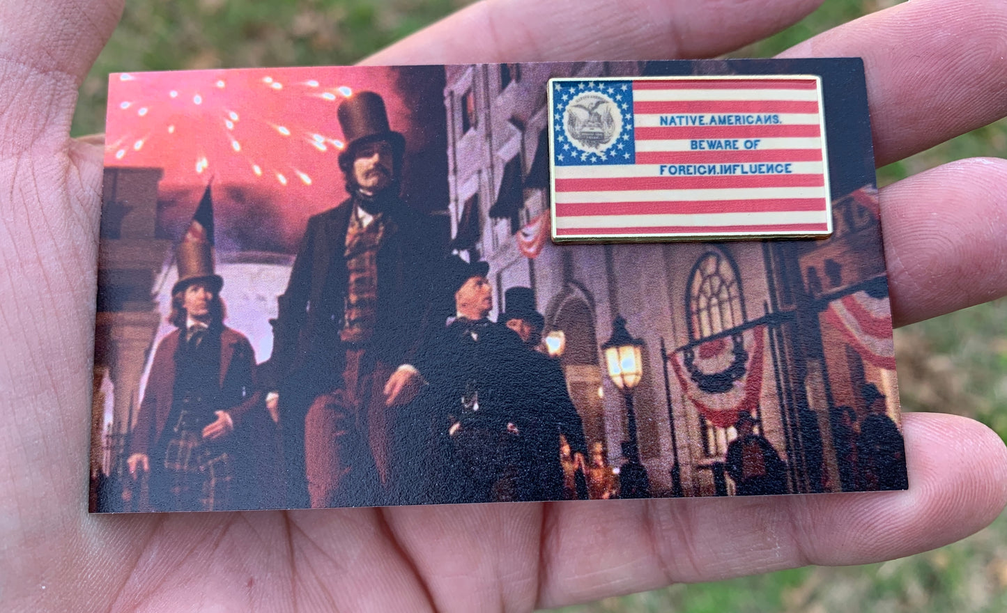 Native Americans Beware / Know Nothing Flag Pin - 1.25"