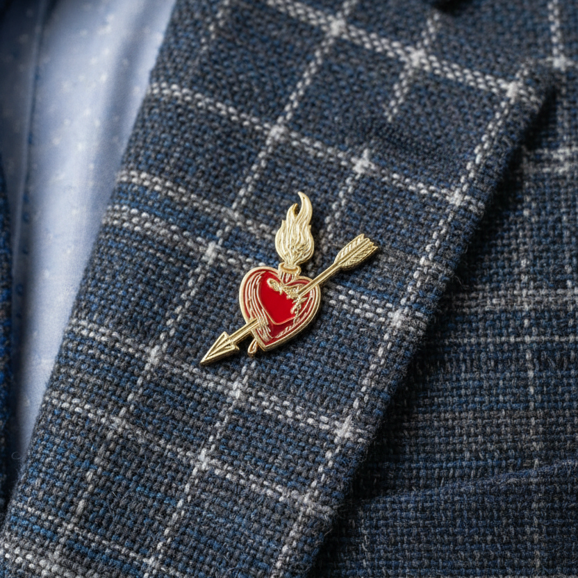 Augustine's Burning Heart Pin - 10K Gold Plated - 1.25"