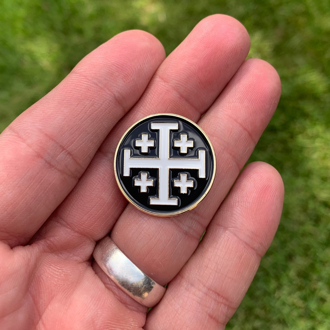 Jerusalem Cross Black/White Lapel Pin - 1"